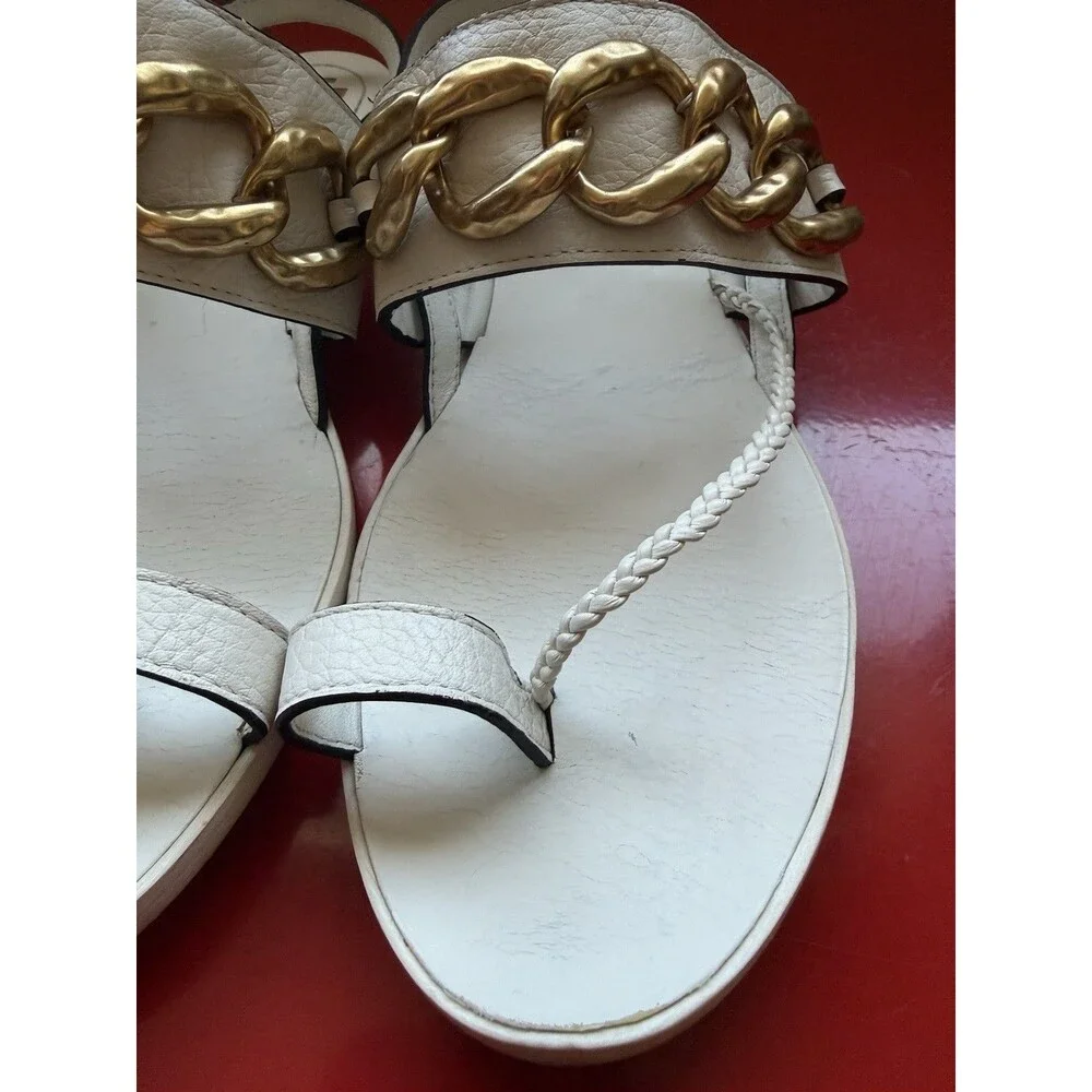 Tory Burch Adrien Chain Sandal Ivory Leather Gold Medallion Size 8M Casual - Picture 10 of 11
